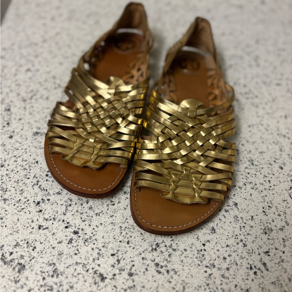 Tory Burch Women's Gold Metallic Leather Sandals Loafers - Picture 2 of 8